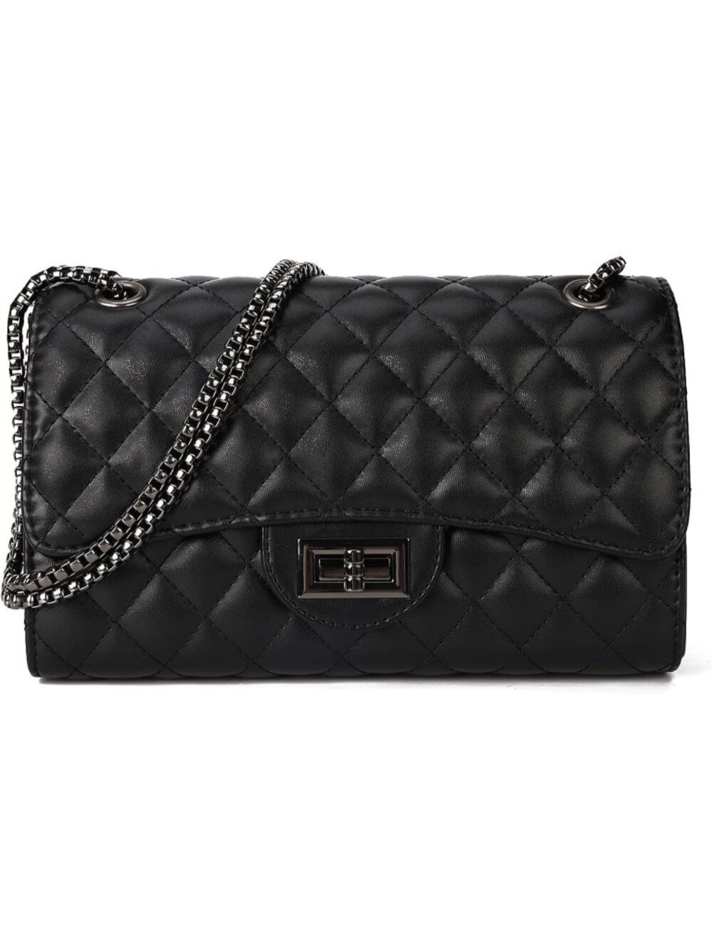 Women Black Quilted Crossbody Structured Purse Shoulder Bag Chain Strap
